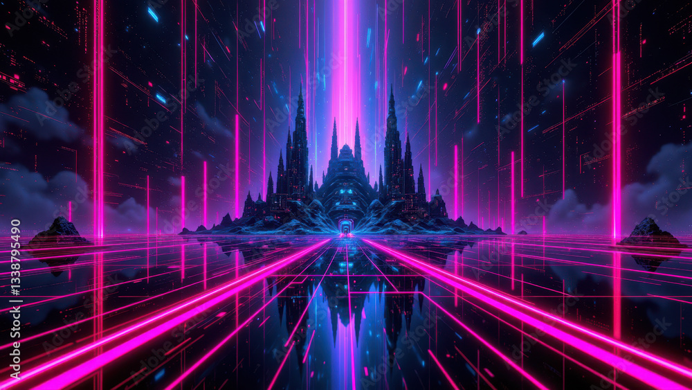 Aufkleber this futuristic digital art showcases a cybernetic castle floating above an abstract data landscape,