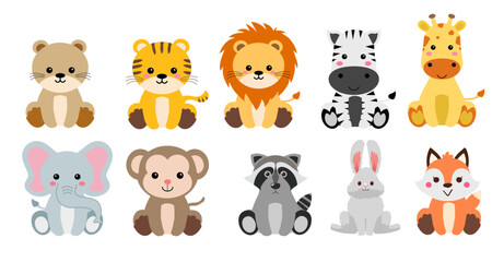 cute wild animals cartoon illustration baby shower woodland bear tiger lion zebra giraffe elephant monkey fox rabbit raccoon