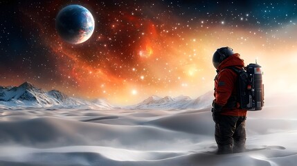 Obraz premium A lone astronaut stands in a vast snow covered alien landscape gazing up at the colorful aurora and distant planets in the night sky symbolizing the wonder and challenges of space