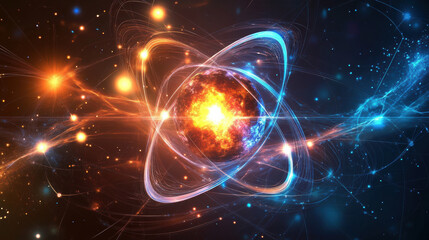 Vibrant cosmic energy radiates from atom in colorful universe