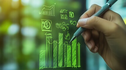 Hand Drawing Green Financial Growth Charts and Icons on Glass Surface with Blurred Green Background