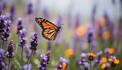 Monarch Butterfly Hovering Over Beautiful Lavender Field with Orange and Purple Flowers