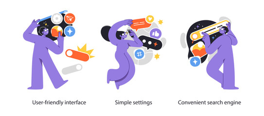User interface concept illustration series. Purple characters interacting with digital elements showcasing user-friendly interface, simple settings configuration, and convenient search functionality.