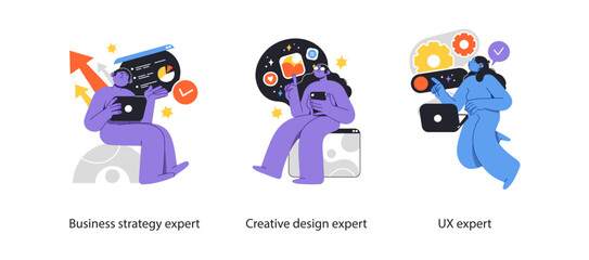 Illustration of professionals in business strategy, creative design, and UX. Depicts experts analyzing data, developing concepts, and optimizing user experience through technology and innovation.