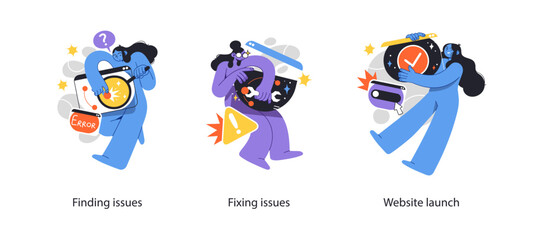 Illustration depicting the website development process, from identifying and fixing issues to a successful website launch, using abstract characters.