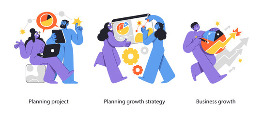 Abstract illustration showcasing business planning, strategy development, and growth, featuring teamwork, data analysis, and performance improvement concepts.