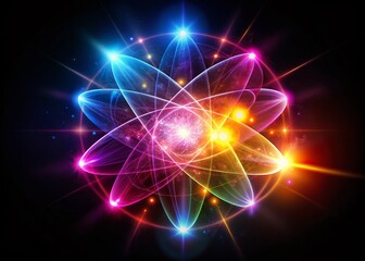 Fototapeta premium Silhouette Quantum Atom: Glowing Nucleus & Electron Cloud Orbitals