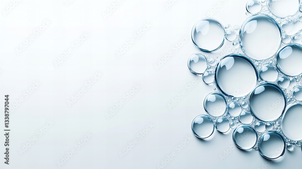 Poster clear bubbles of varying sizes cluster together on a light surface, creating a visually appealing ar