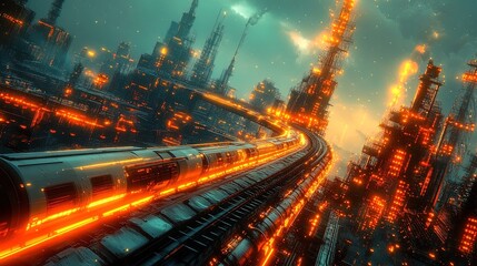 Obraz premium A surreal glowing conveyor system transporting goods across an industrial sky 
