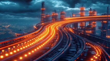 Obraz premium A surreal glowing conveyor system transporting goods across an industrial sky 