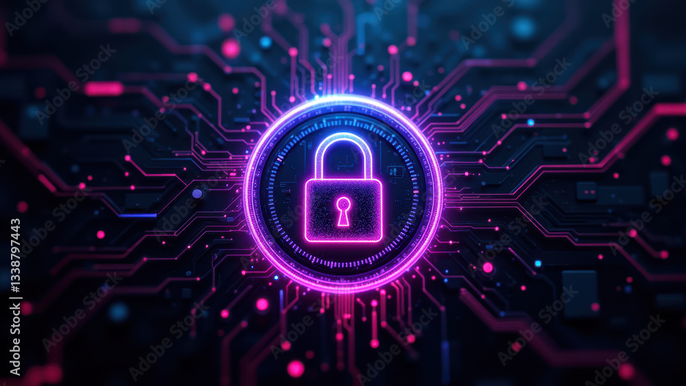 Aufkleber cybersecurity logo with a digital lock icon surrounded by glowing neon lines and circuit patterns.