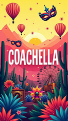 Vibrant Coachella-Themed Illustration with Festival Icons