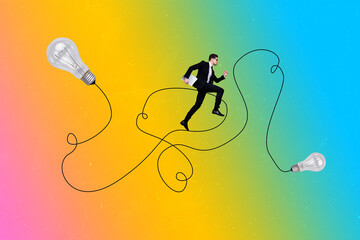 Creative sketch art collage of serious businessman run doodle wire lamp spark idea finding purpose...