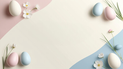 Pastel Easter eggs and flowers on a minimalist colored background.
