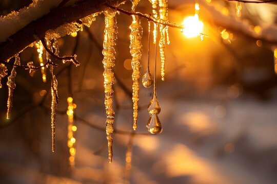 Golden Icicles Melting in the Sunlight on Tree Branch - Winter Warmth