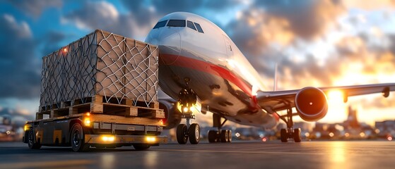 Large commercial cargo airplane being loaded with freight and shipping containers on the at the airport as the sun sets in the background highlighting the logistics and transportation industry