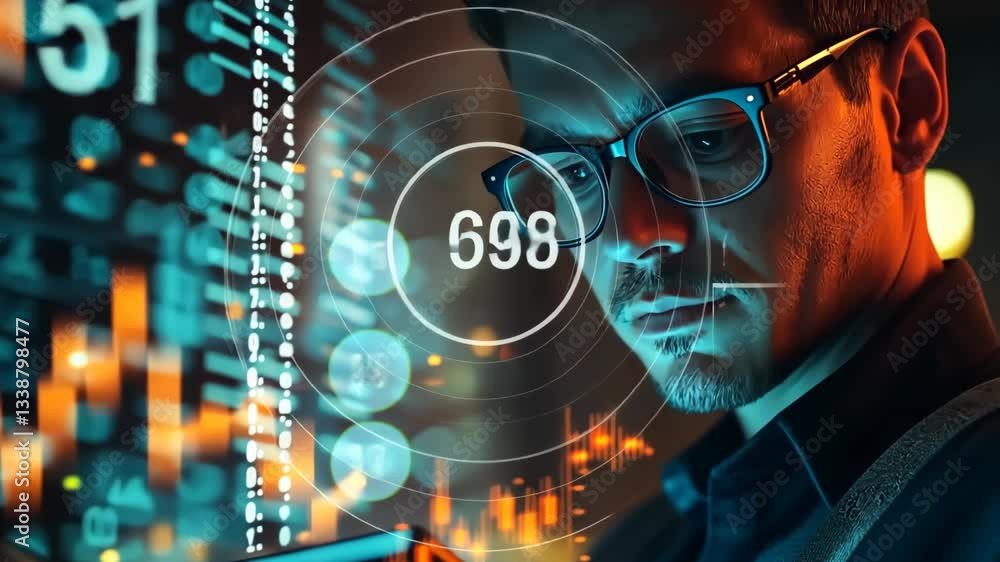 Aufkleber A skilled business analyst in glasses reviews data visualizations on a tablet in a modern tech environment, focusing on the intersection of business and technology to drive innovation