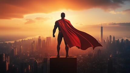 Superhero standing against the cityscape.