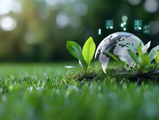 A lush green landscape with a glass globe representing our shared planet symbolizing the importance of sustainable practices and environmental stewardship for a thriving eco friendly future