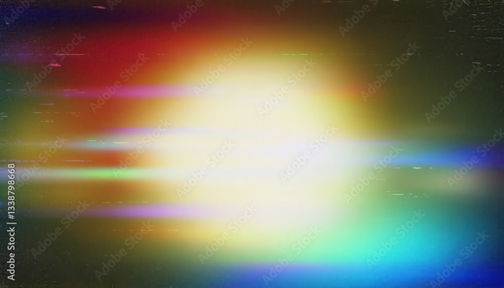Poster abstract iridescent light refraction on textured surface with vibrant color gradient, digital noise, and soft glow effect

