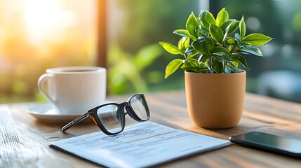 A tranquil and organized workspace featuring a potted plant a steaming cup of coffee and a pair of stylish glasses on a wooden desk creating a cozy and inspiring environment for work and relaxation
