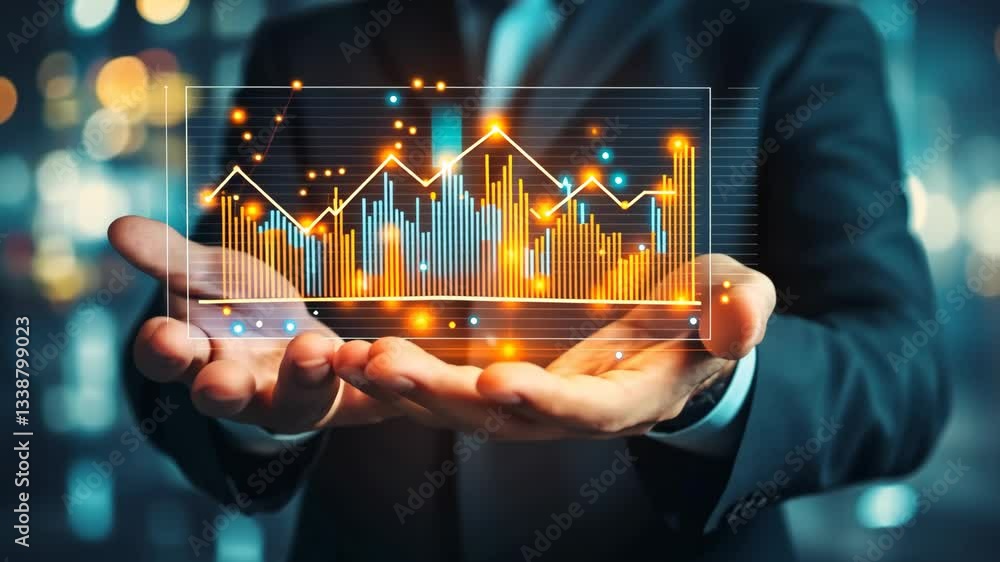 Poster a businessman presents a digital graph showing a significant upward trend in key metrics, highlighti