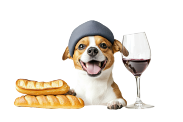 Happy dog wearing a hat with bread and wine in a cozy setting