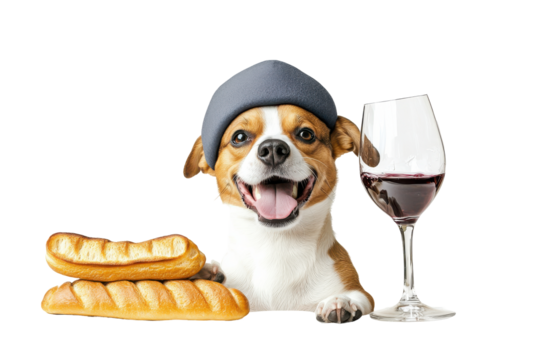 Happy dog wearing a hat with bread and wine in a cozy setting