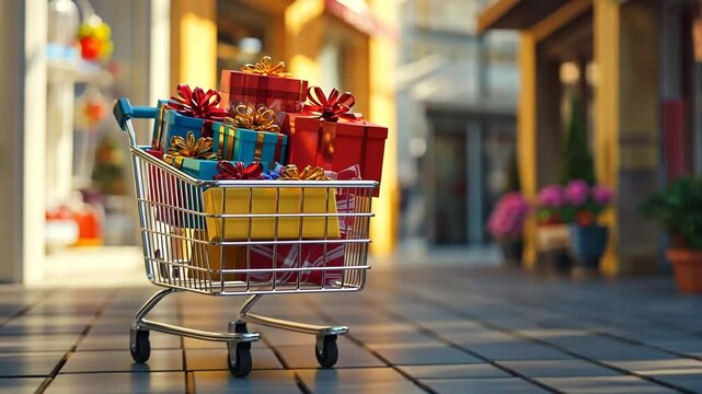 Shopping trolley brimming with colorful gift boxes in the middle of a vibrant city street
