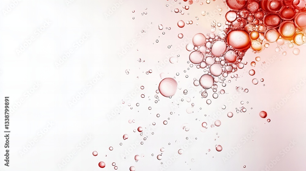 Poster clusters of transparent red bubbles ascend and disperse across a gradient white background, varying 