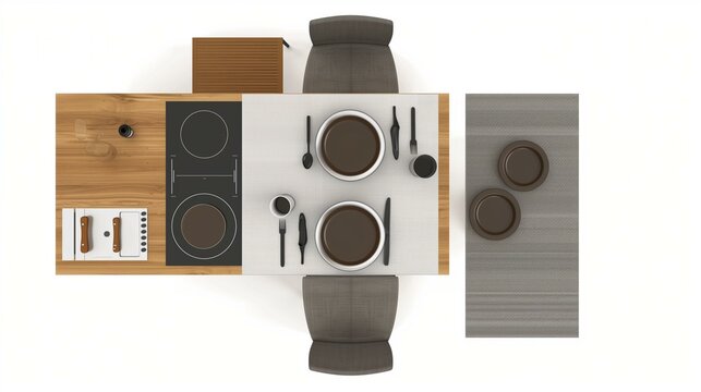 topview kichen furniture with acessories. white background