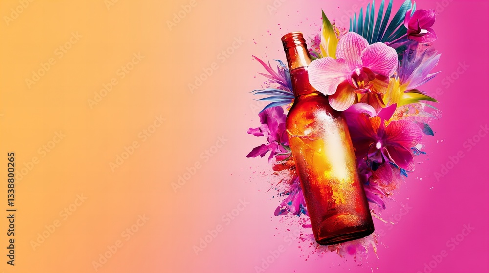 Poster cocktail bottle is surrounded by vibrant flowers and splashes of paint on a background transitioning