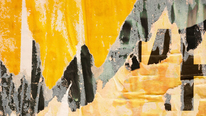 Old white, black and yellow ripped torn grunge posters backgrounds creased crumpled paper backdrop...