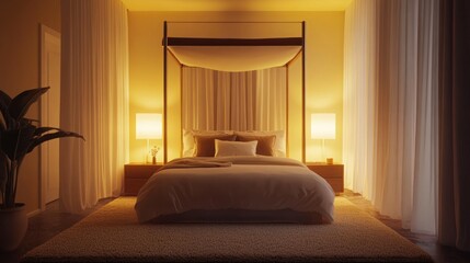 Warm, inviting bedroom at night with canopy bed