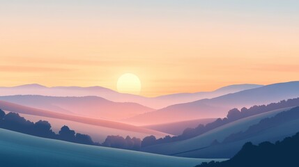 Serene Sunrise over Rolling Hills Peaceful Landscape