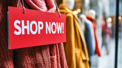 Retail sale sign with bold white text "SHOP NOW!" hanging on clothing in a fashion store window display, with blurred mannequins and stylish coats in the background.