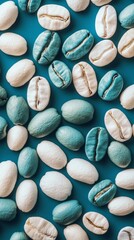 close-up of white and soft blue coffee beans