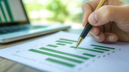 Closeup of a hand using a pen to analyze a bar graph on a piece of paper near a laptop