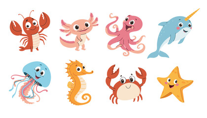 Set of cute cartoon sea animals. A cute drawing in a childish style. Seahorse, narwhal, axolotl, starfish, jellyfish, octopus, crab, lobster. Vector illustration isolated on white background. © Jevgeniya Mukhitova