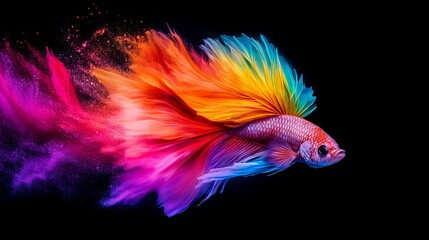 Obraz premium Colorful betta fish swims across the dark background, surrounded by vibrant hues of pink, red, orange, yellow, and blue that fan out behind its flowin
