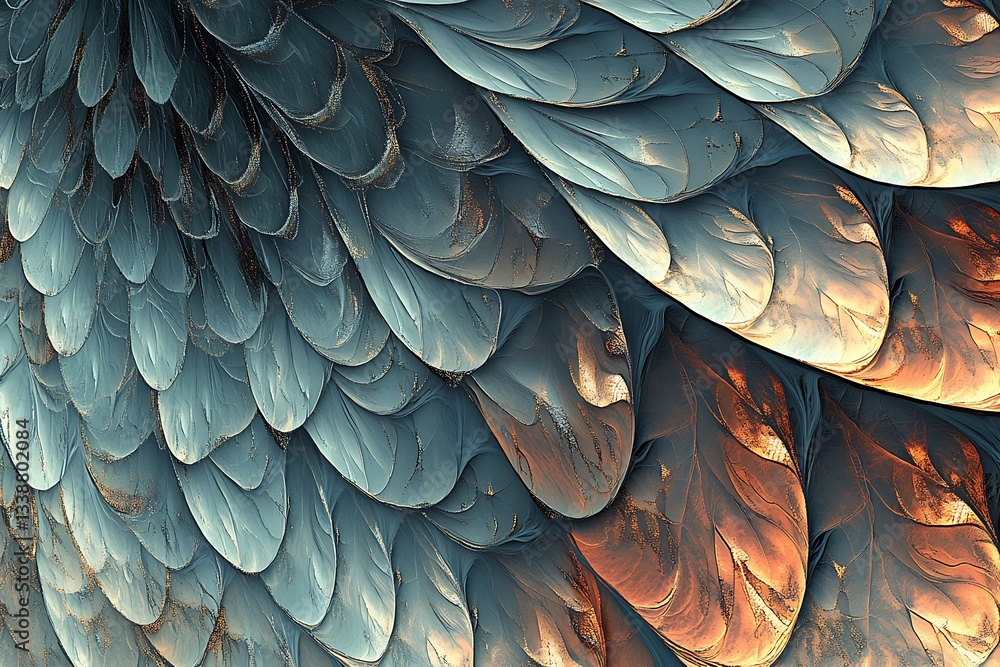 Poster intricate feather pattern with teal and copper hues creating a textured artwork