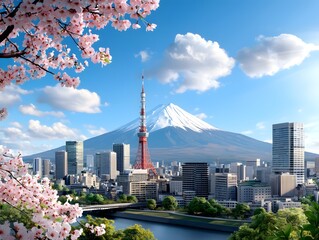 Breathtaking view of Tokyo s skyline in springtime with vibrant pink cherry blossoms framing the iconic silhouette of Mount Fuji in the distance