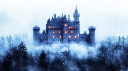 Fototapeta premium A magical holiday party in a snowy castle with glowing turrets and interactive light shows, fantasy setting, and intricate digital painting. , closes up