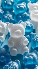 close-up of white and soft blue gummy bears
