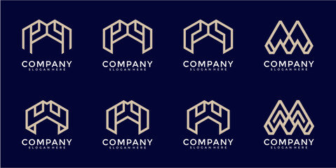 Collection of Abstract Geometric Logos Beige and Blue Pixel Art Style
