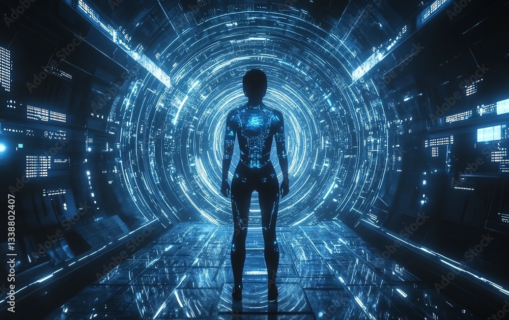 Poster a person in a smart suit standing in front of an aipowered digital interface