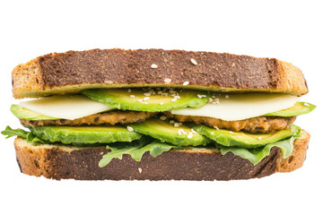 Fresh sandwich with layers of avocado, cheese, and greens