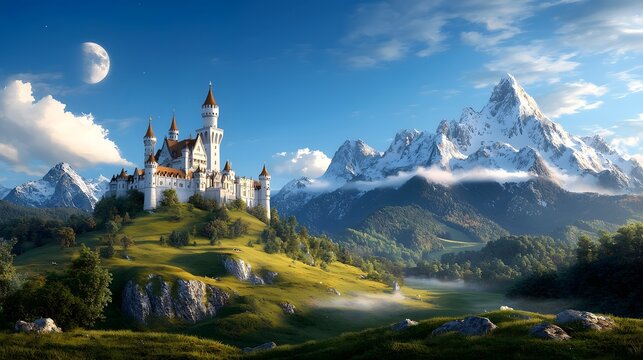 A fairytale like castle perched atop a lush green hill surrounded by towering snow capped mountains and a serene river under a dramatic sky with wispy clouds and a crescent moon