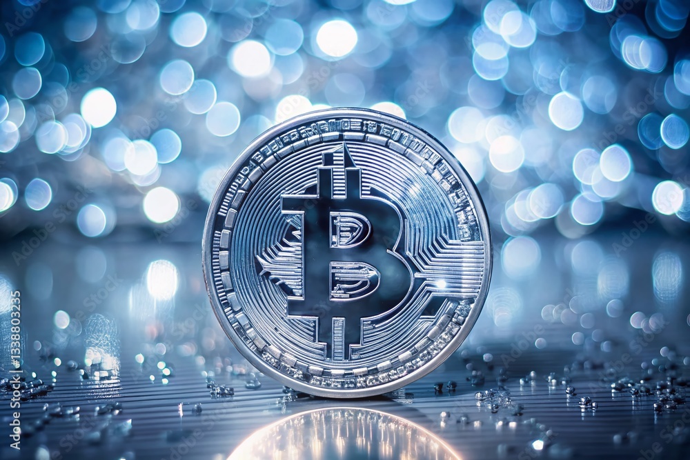 Aufkleber shiny silver bitcoin cryptocurrency coin with bokeh background - copy space for text or logo