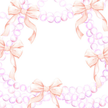 Hand drawn watercolor pearls stings with bows frame border isolated on white background. Can be used for cards, scrapbook album and other printed products.